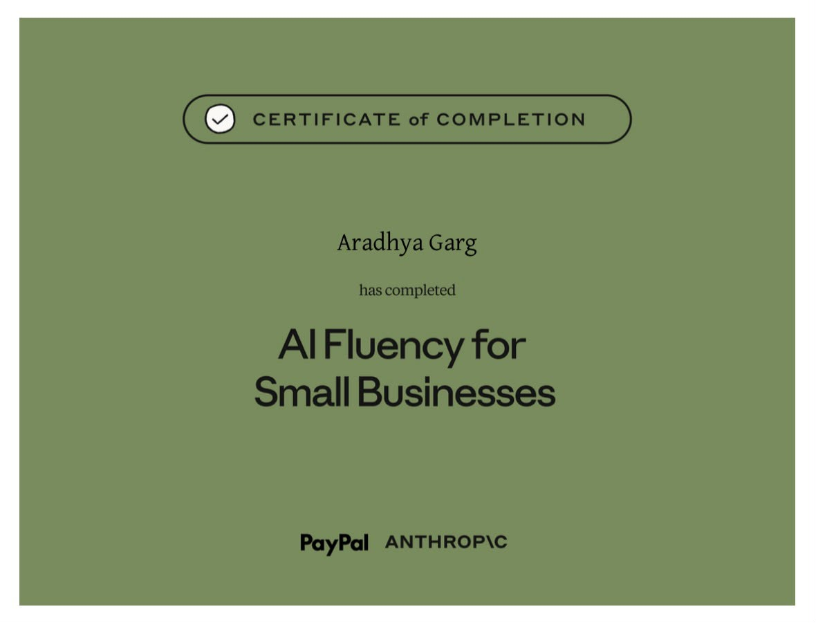 AI Fluency for Small Businesses certificate issued by PayPal × Anthropic
