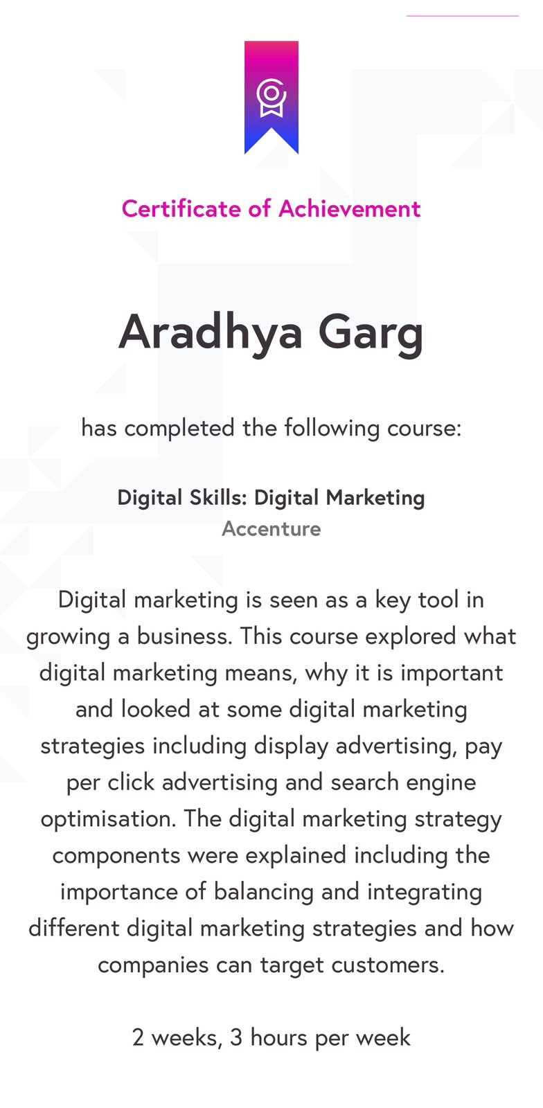 Digital Skills: Digital Marketing certificate issued by Accenture