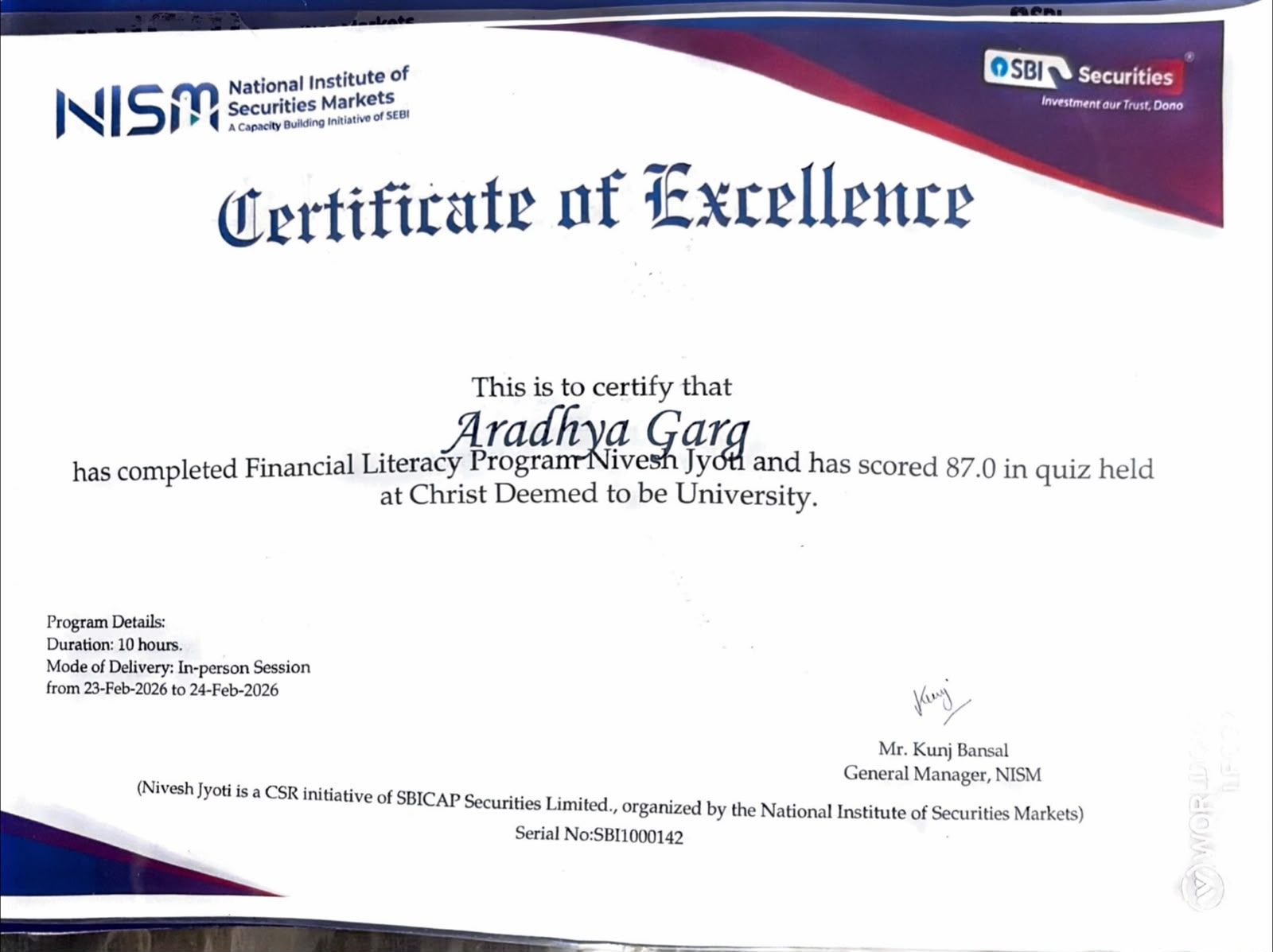 Financial Literacy Program — Nivesh Jyoti certificate issued by NISM × SBI Securities